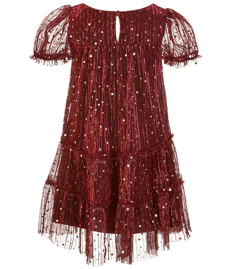 Zunie Little Girls Short Sleeve Sequin-Embellished Metallic Plisse Babydoll Dress