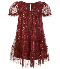 Zunie Little Girls Short Sleeve Sequin-Embellished Metallic Plisse Babydoll Dress