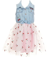 Zunie Little Girls Sleeveless Cherry Motif Denim Bodice Mesh Gingham Tutu Skirted Dress