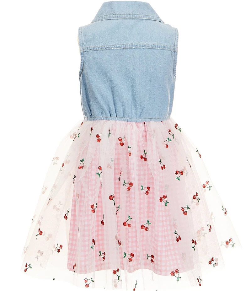 Zunie Little Girls Sleeveless Cherry Motif Denim Bodice Mesh Gingham Tutu Skirted Dress