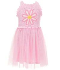 Zunie Little Girls Sleeveless Daisy-Motif Crocheted-Bodice/Mesh Tutu-Skirted Dress