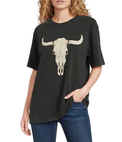 Zutter Knit Puffed Longhorn Bone Western Crew Neck Short Sleeve Oversized Graphic Tee Shirt