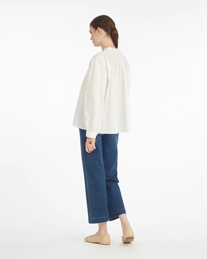 Pleated Button Down Cotton Dobby White