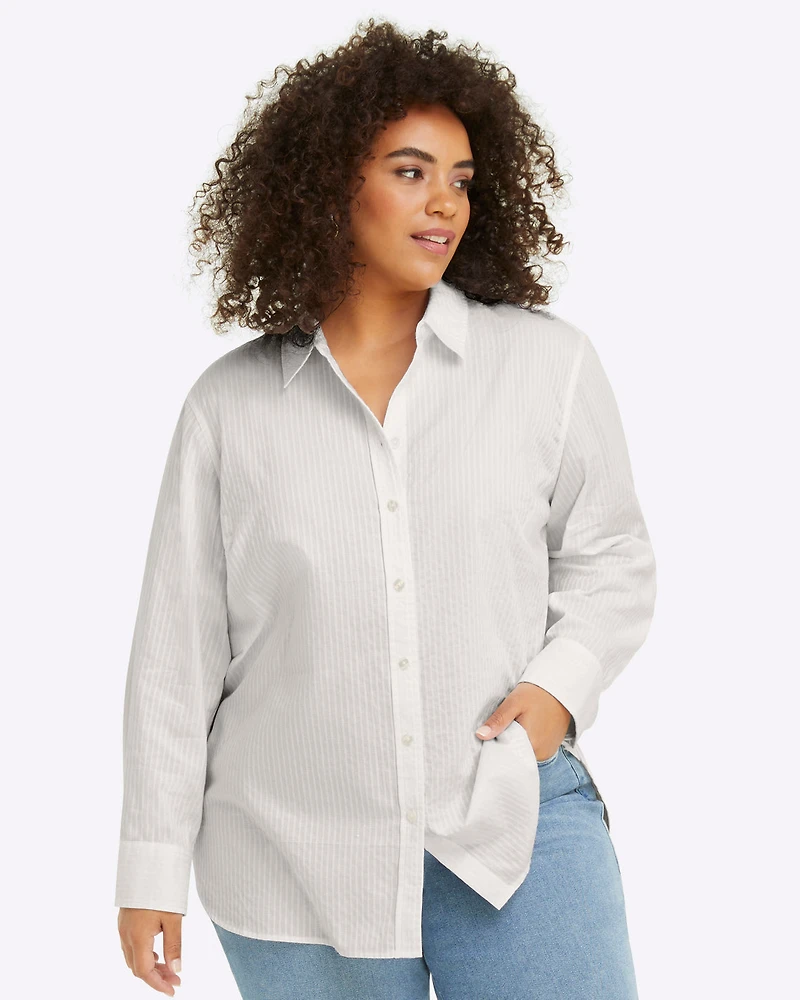 Button Down Top White Shirting Stripe