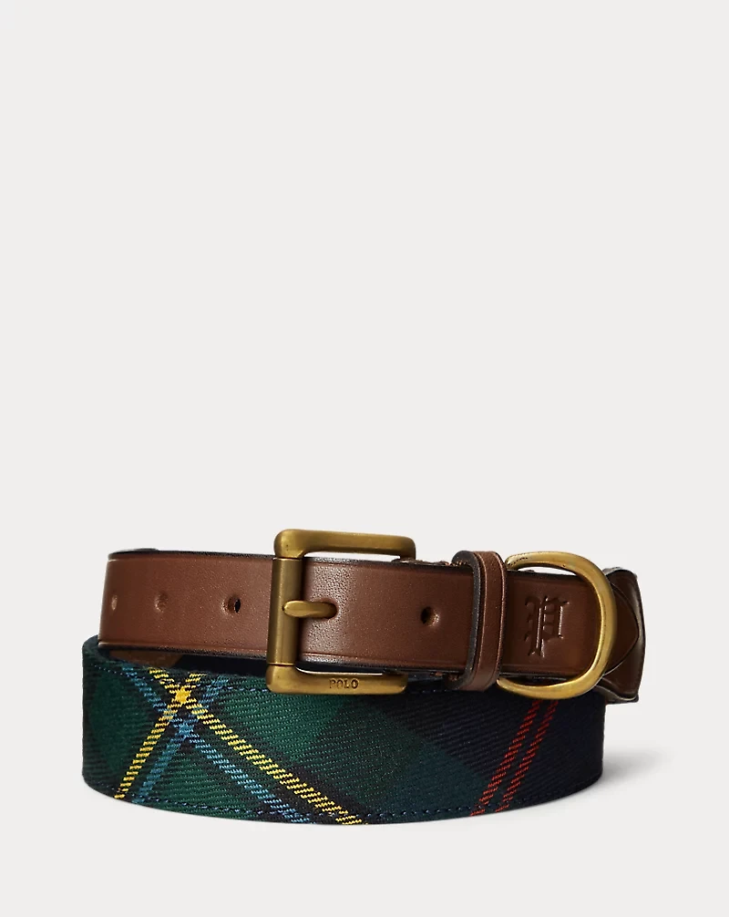 Leather-Trim Plaid Belt