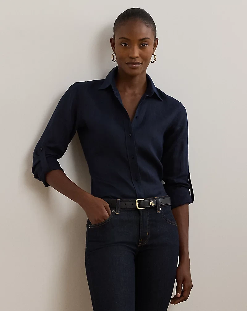 Relaxed Fit Linen Roll Tab–Sleeve Shirt