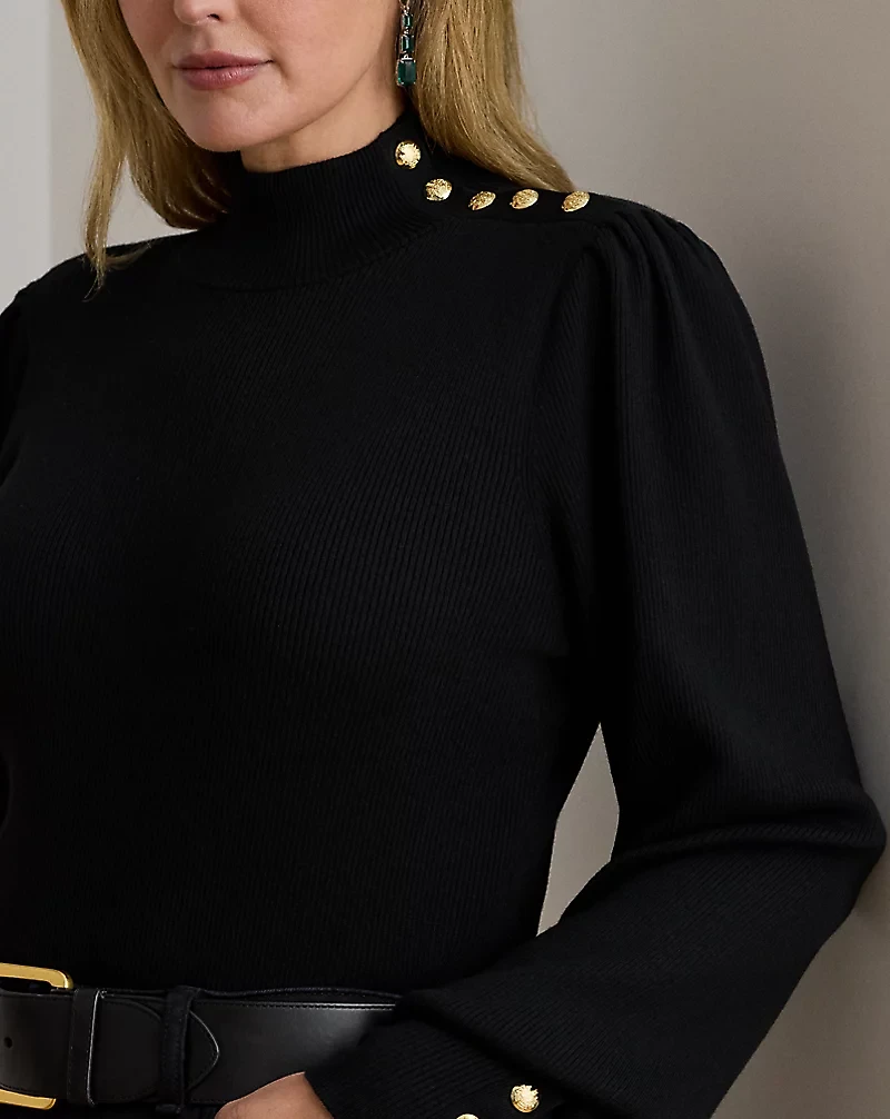 Button-Trim Mockneck Sweater