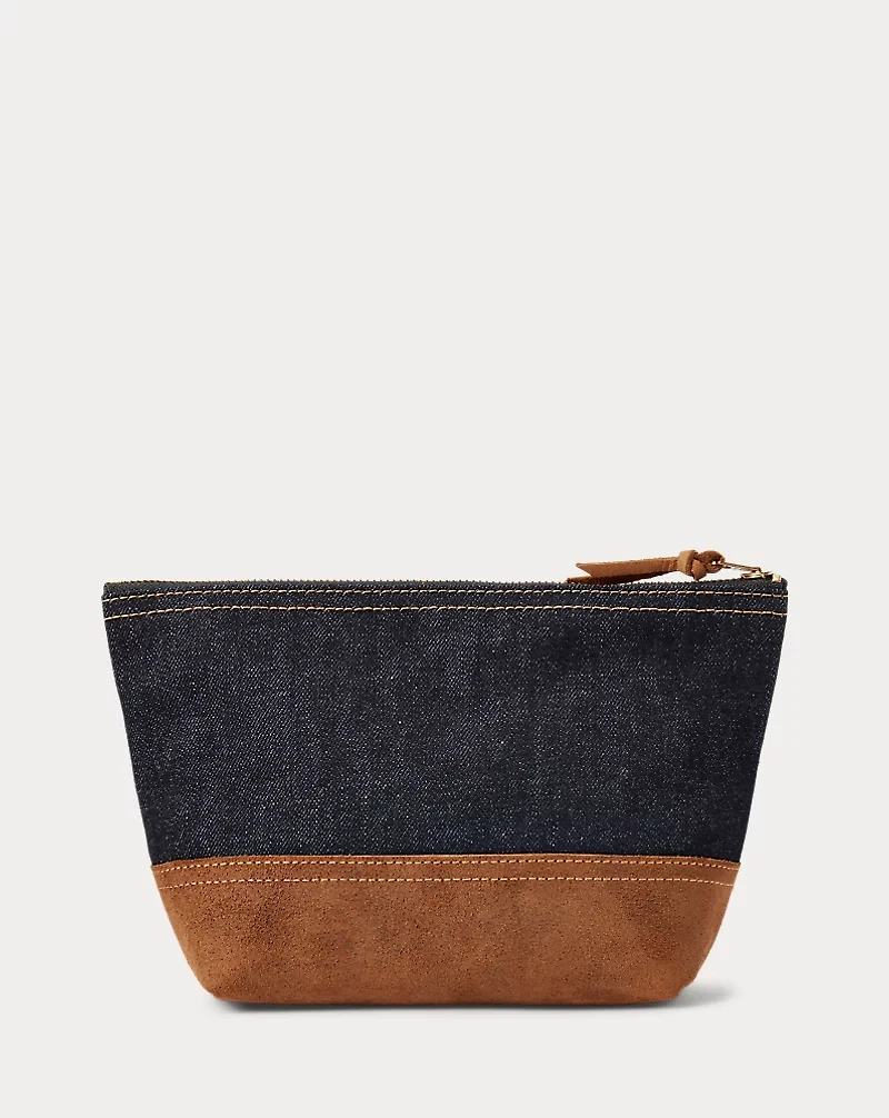 Suede-Trim Denim Pouch