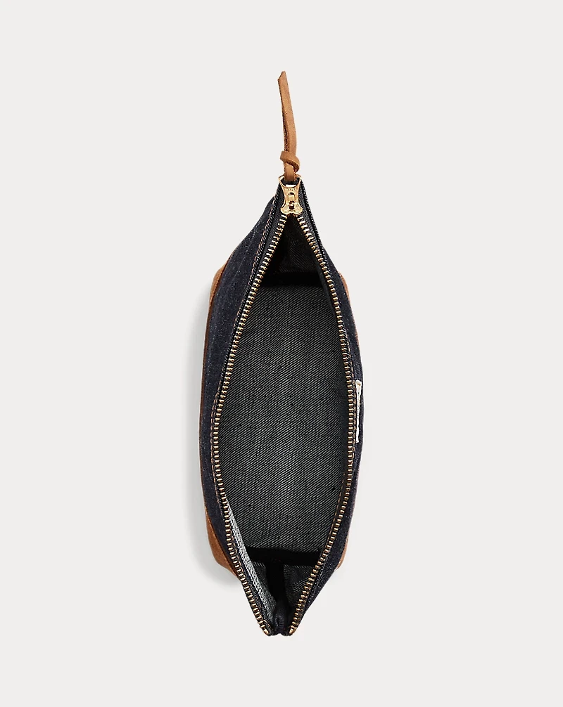Suede-Trim Denim Pouch