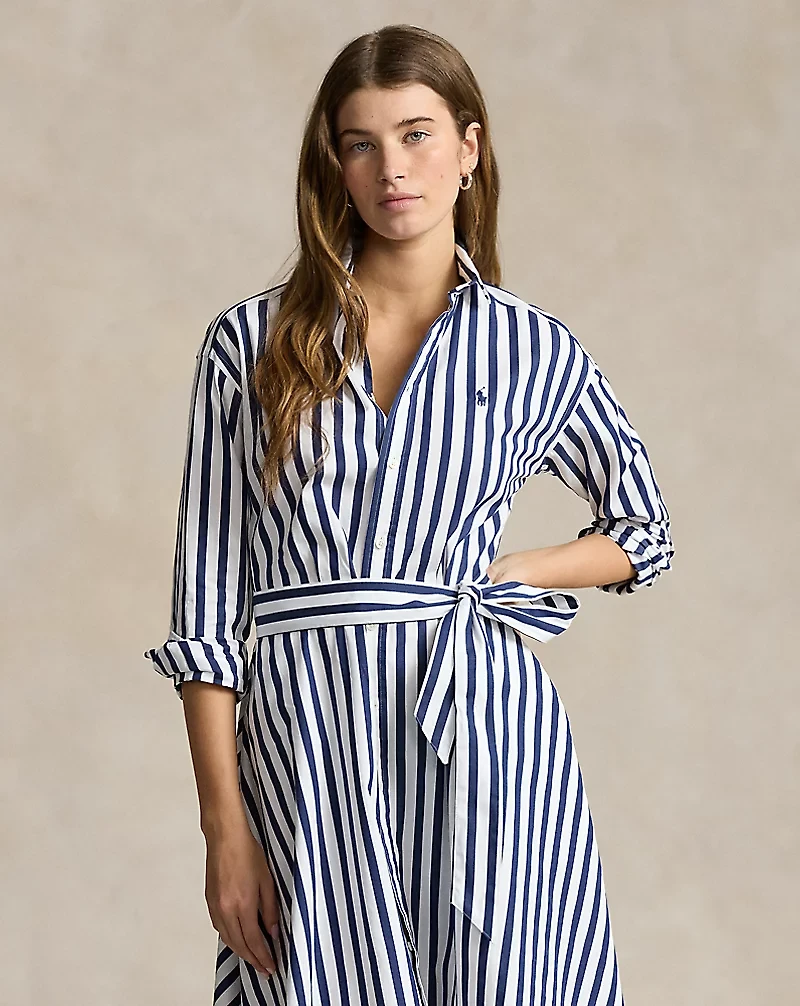 Belted Wide-Stripe Cotton Shirtdress