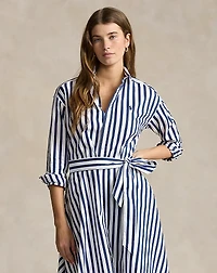 Belted Wide-Stripe Cotton Shirtdress