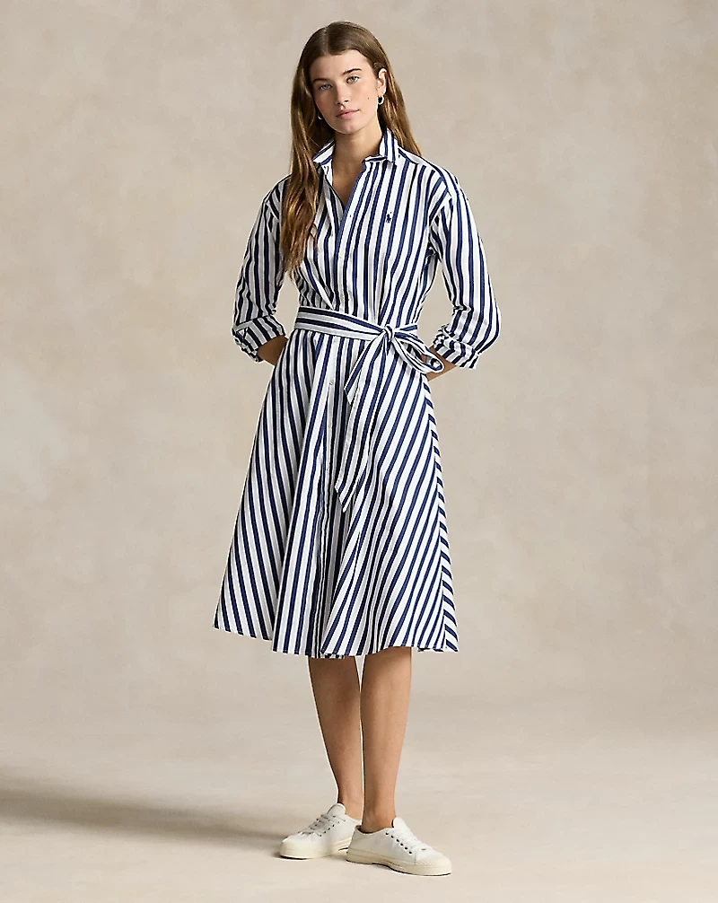 Belted Wide-Stripe Cotton Shirtdress