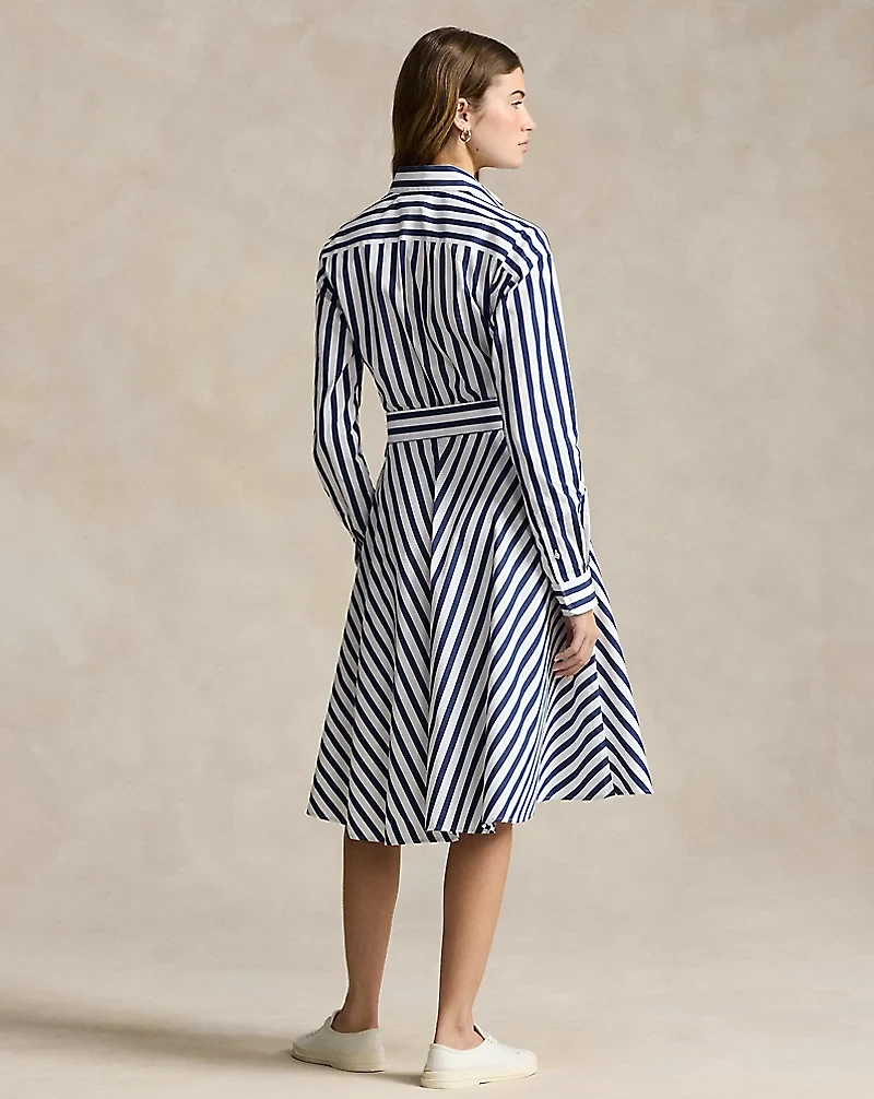Belted Wide-Stripe Cotton Shirtdress