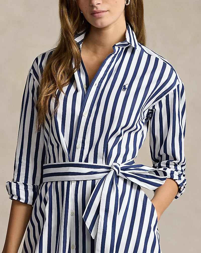 Belted Wide-Stripe Cotton Shirtdress