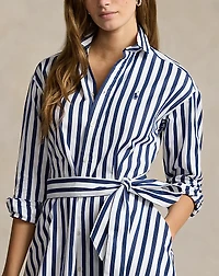 Belted Wide-Stripe Cotton Shirtdress