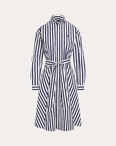 Belted Wide-Stripe Cotton Shirtdress