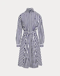 Belted Wide-Stripe Cotton Shirtdress