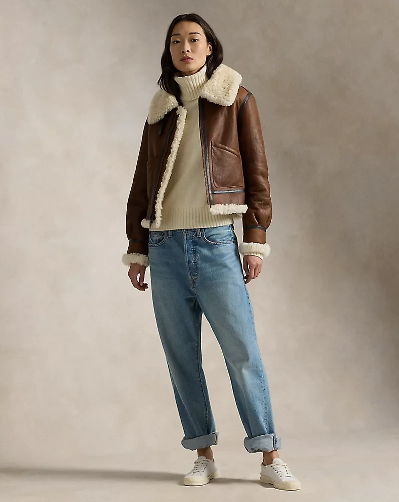 Leather-Trim Shearling Aviator Jacket