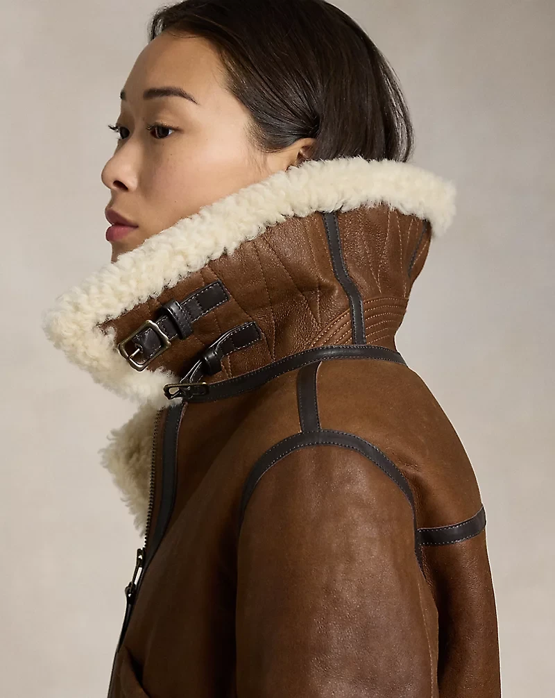 Leather-Trim Shearling Aviator Jacket