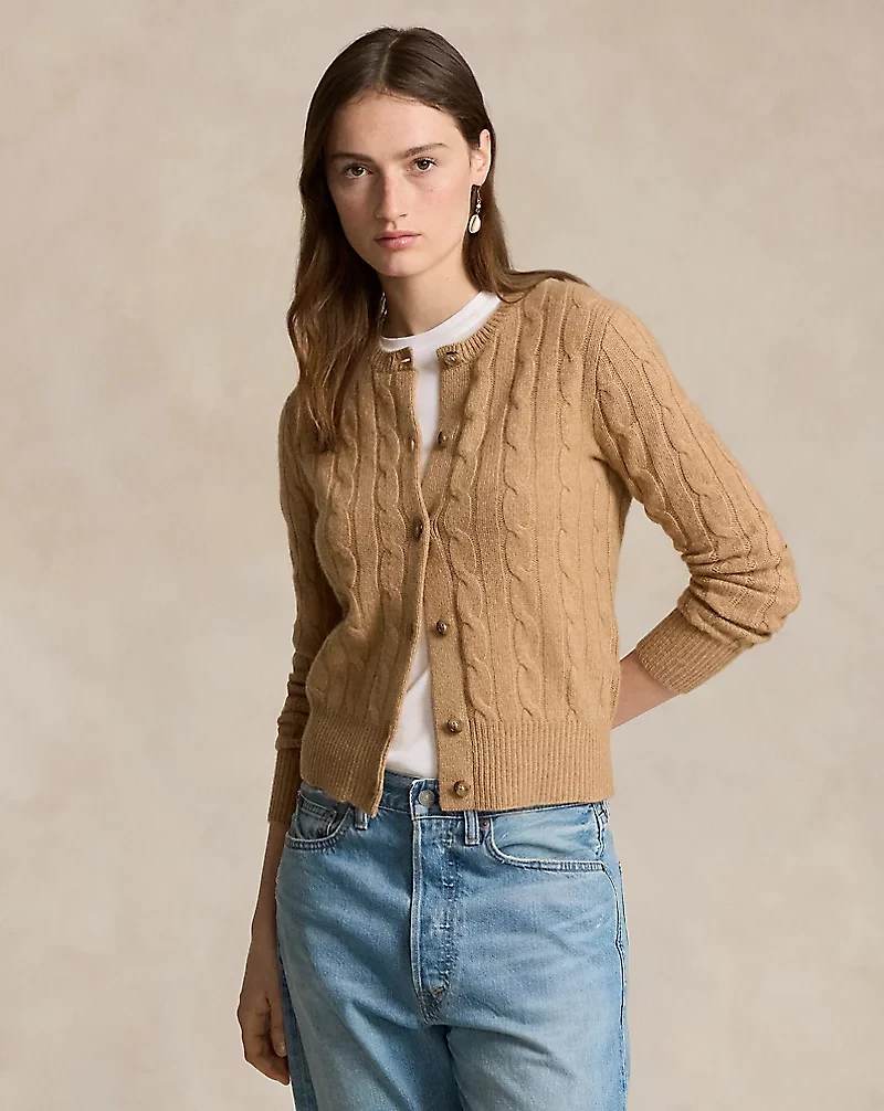 Cable-Knit Cashmere Crewneck Cardigan