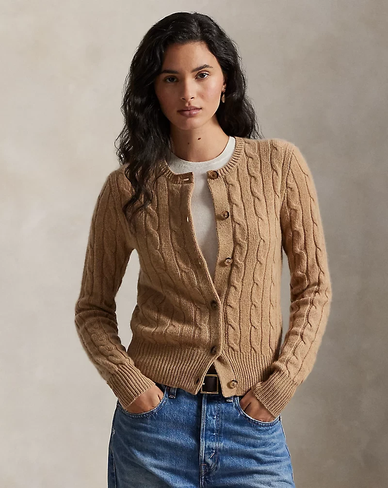 Cable-Knit Cashmere Crewneck Cardigan
