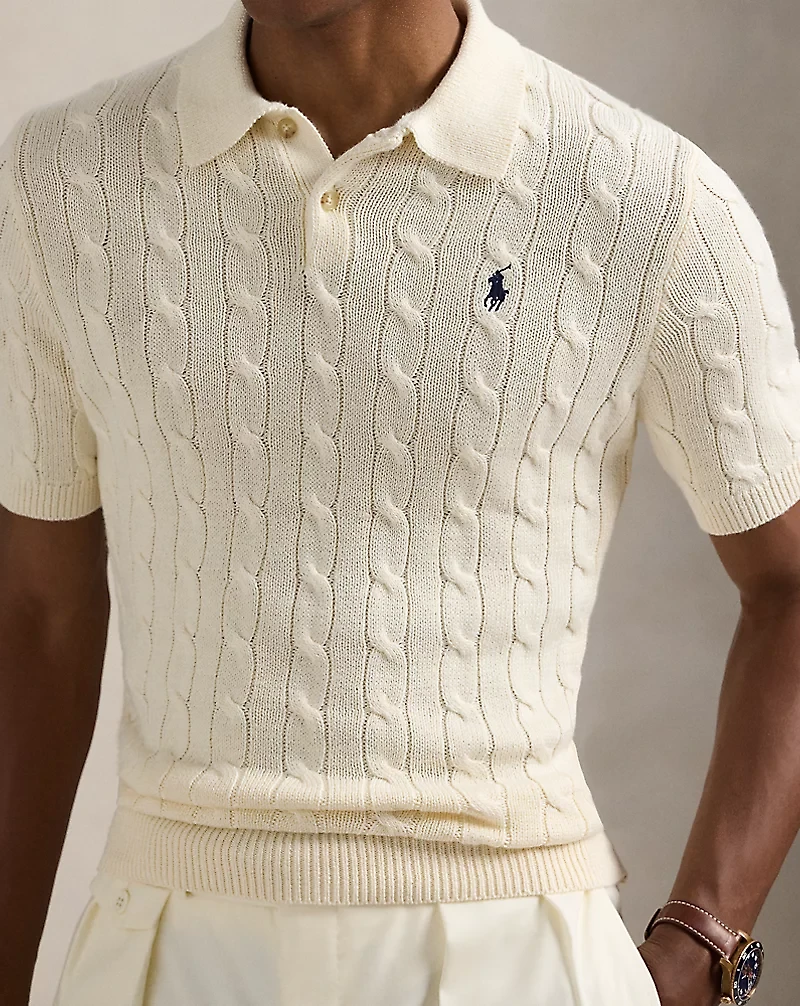 Cable-Knit Cotton Polo-Collar Sweater