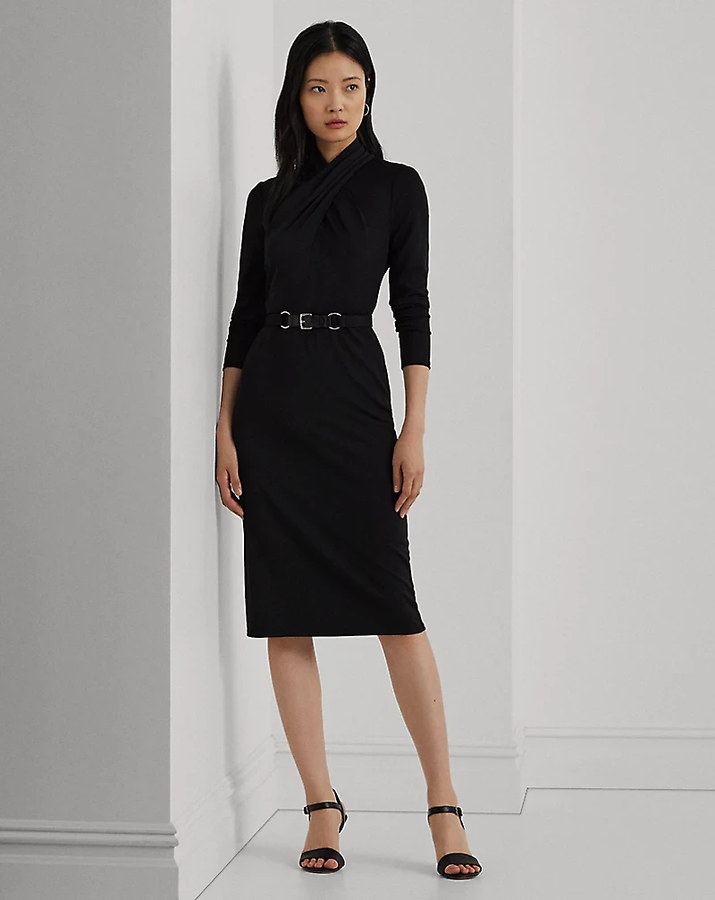 Belted Mockneck Jersey Dress