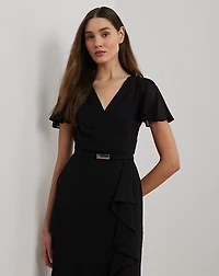 Belted Georgette Flutter-Sleeve Gown