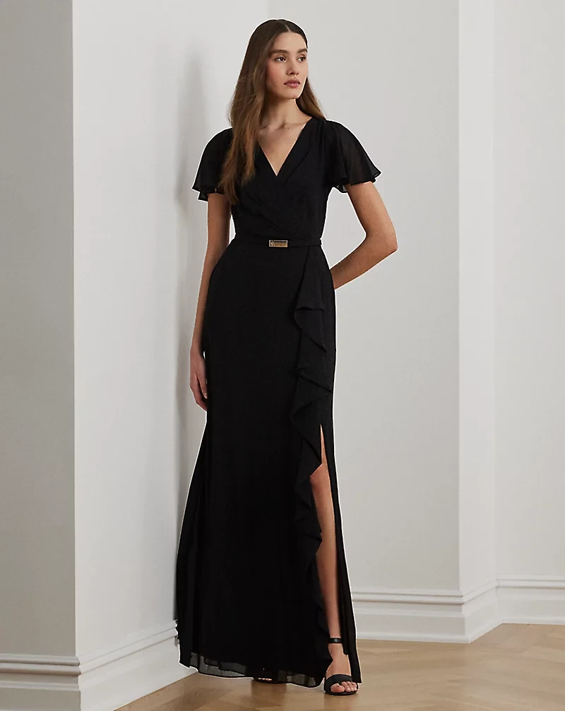 Belted Georgette Flutter-Sleeve Gown