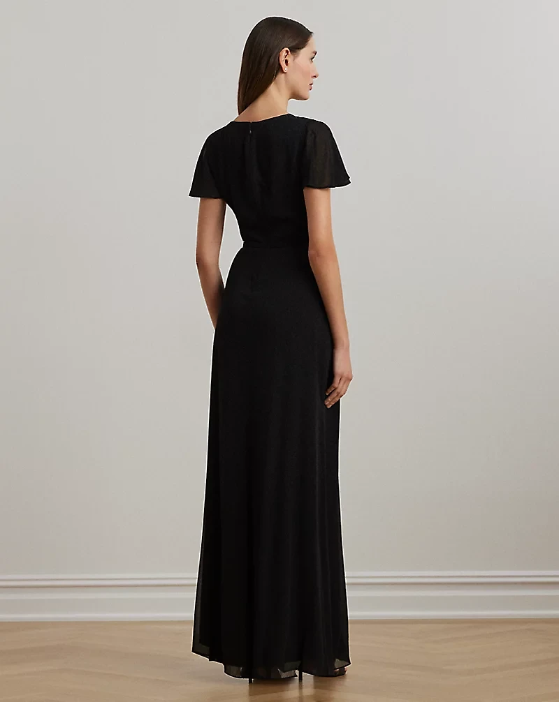 Belted Georgette Flutter-Sleeve Gown