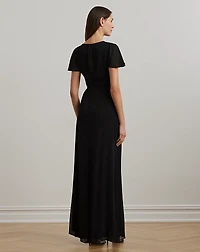 Belted Georgette Flutter-Sleeve Gown