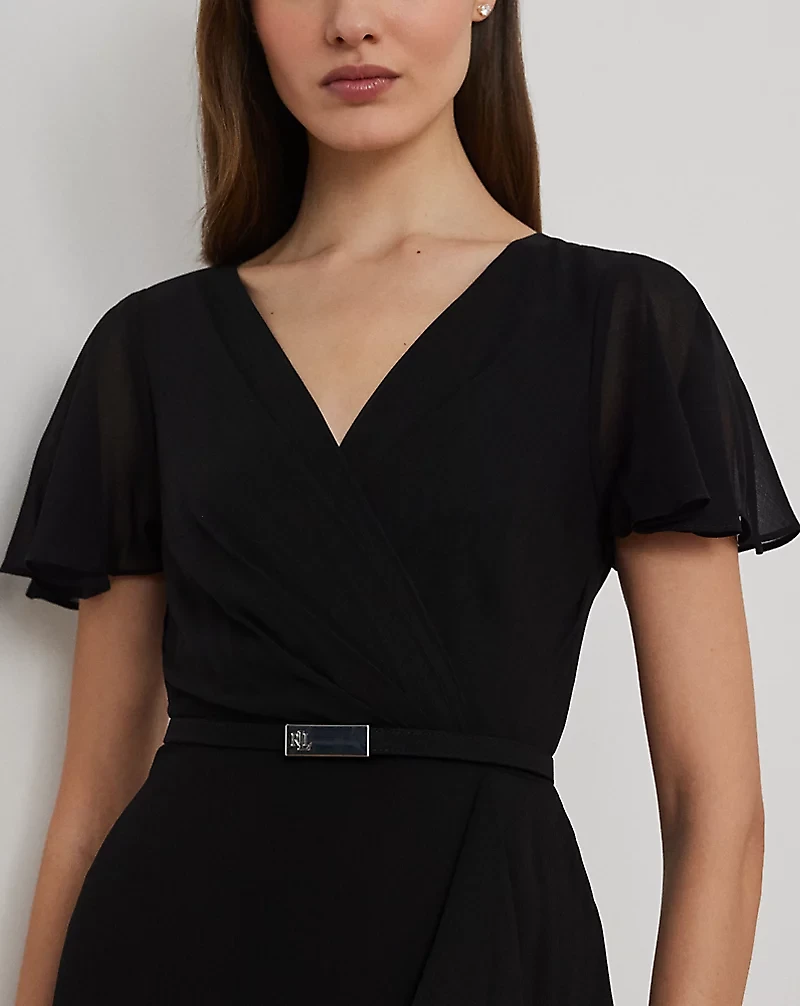 Belted Georgette Flutter-Sleeve Gown