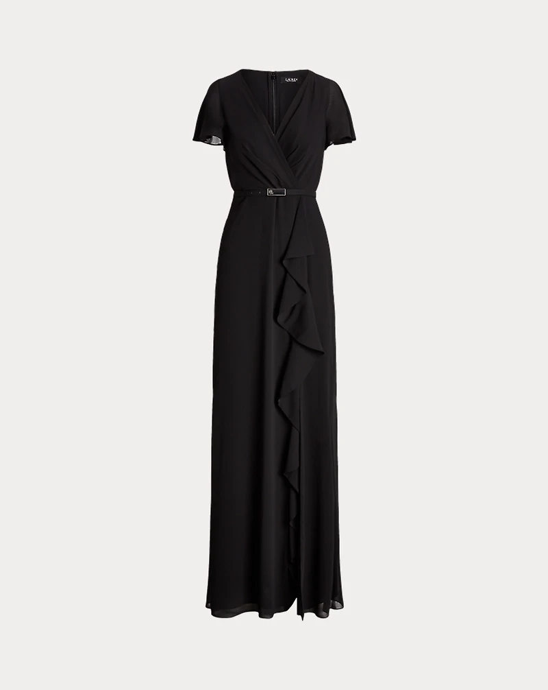Belted Georgette Flutter-Sleeve Gown