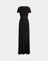 Belted Georgette Flutter-Sleeve Gown