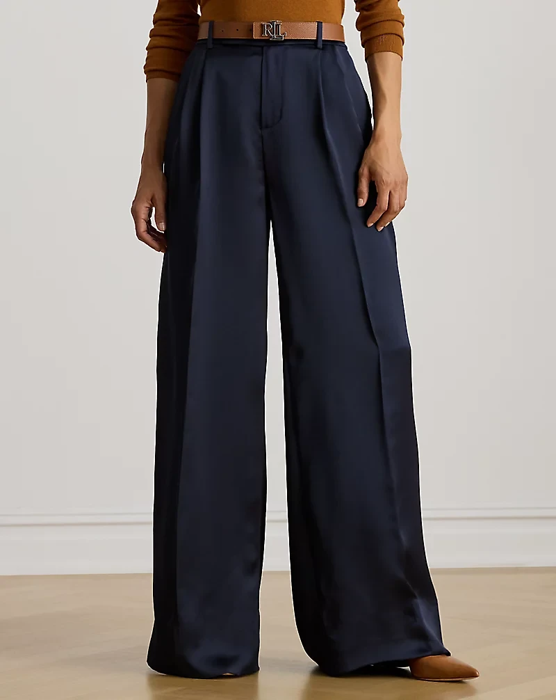 Pleated Satin Charmeuse Wide-Leg Pant