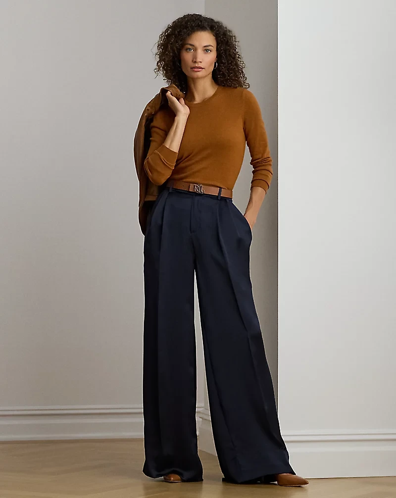Pleated Satin Charmeuse Wide-Leg Pant