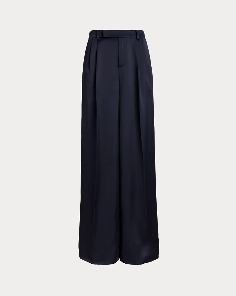 Pleated Satin Charmeuse Wide-Leg Pant