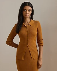 Rib-Knit Long-Sleeve Polo Cardigan