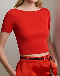Rib-Knit Cropped Short-Sleeve Sweater