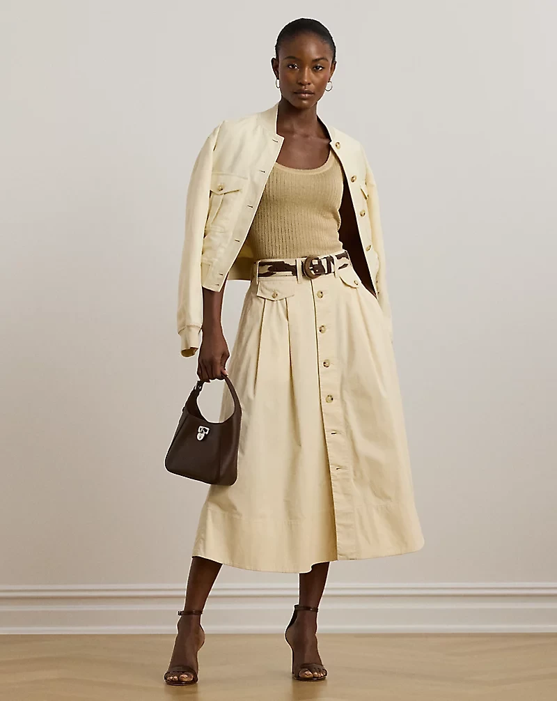 Button-Front Micro-Sanded Twill Skirt