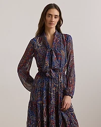Paisley Chiffon Tiered Tie-Neck Dress