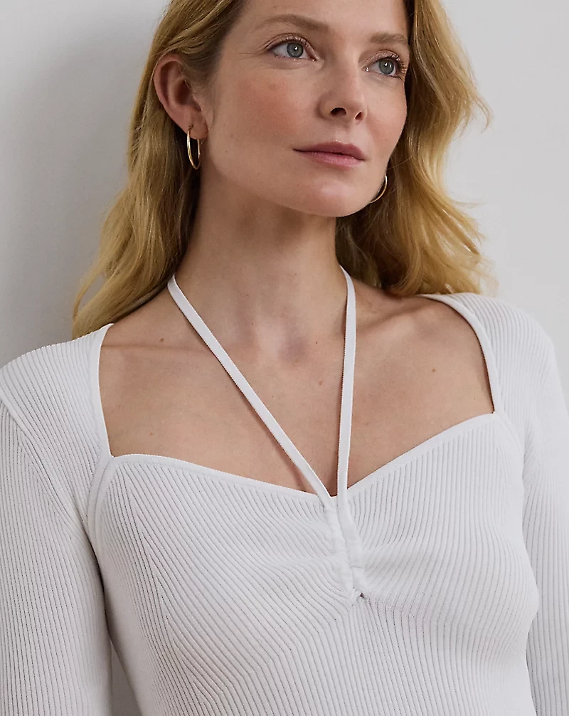 Rib-Knit Long-Sleeve Halter Sweater