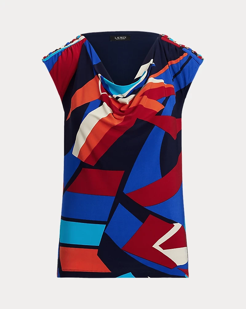 Print Jersey Sleeveless Cowlneck Top