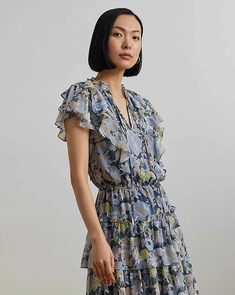 Floral Ruffle-Trim Georgette Dress