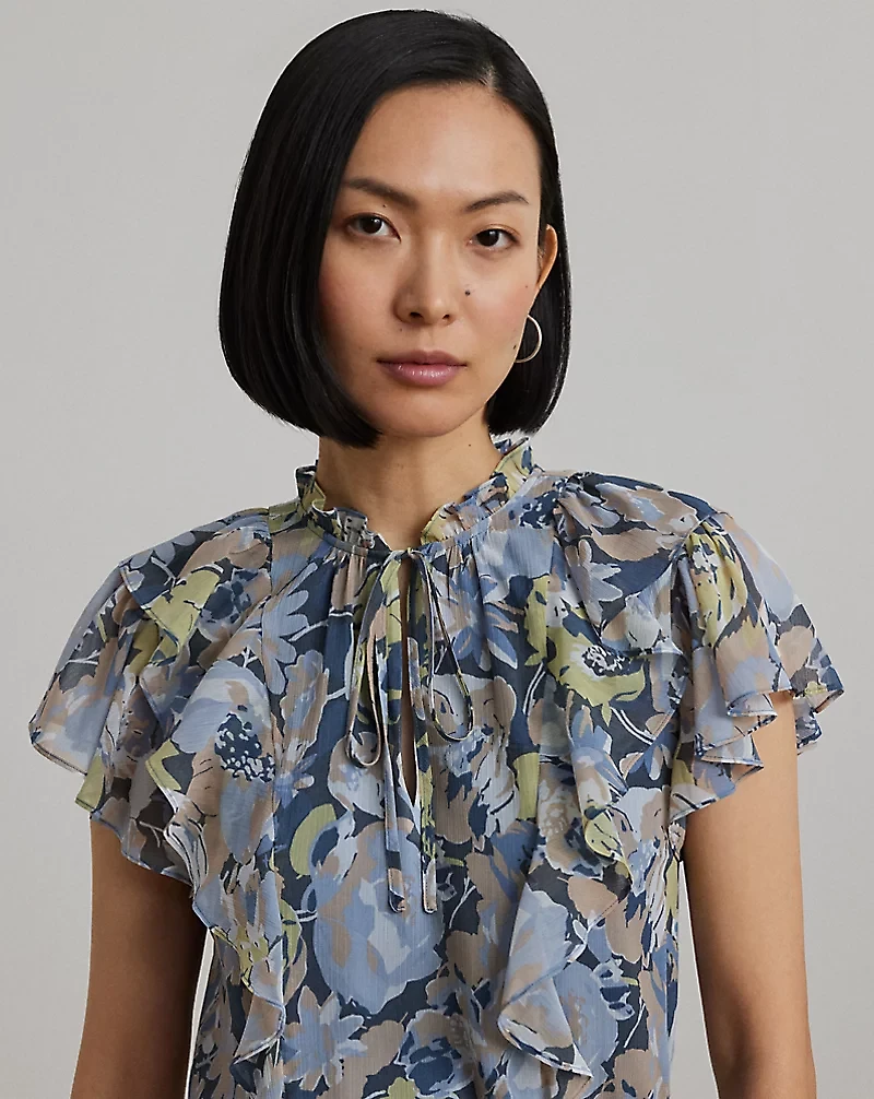 Floral Ruffle-Trim Georgette Dress