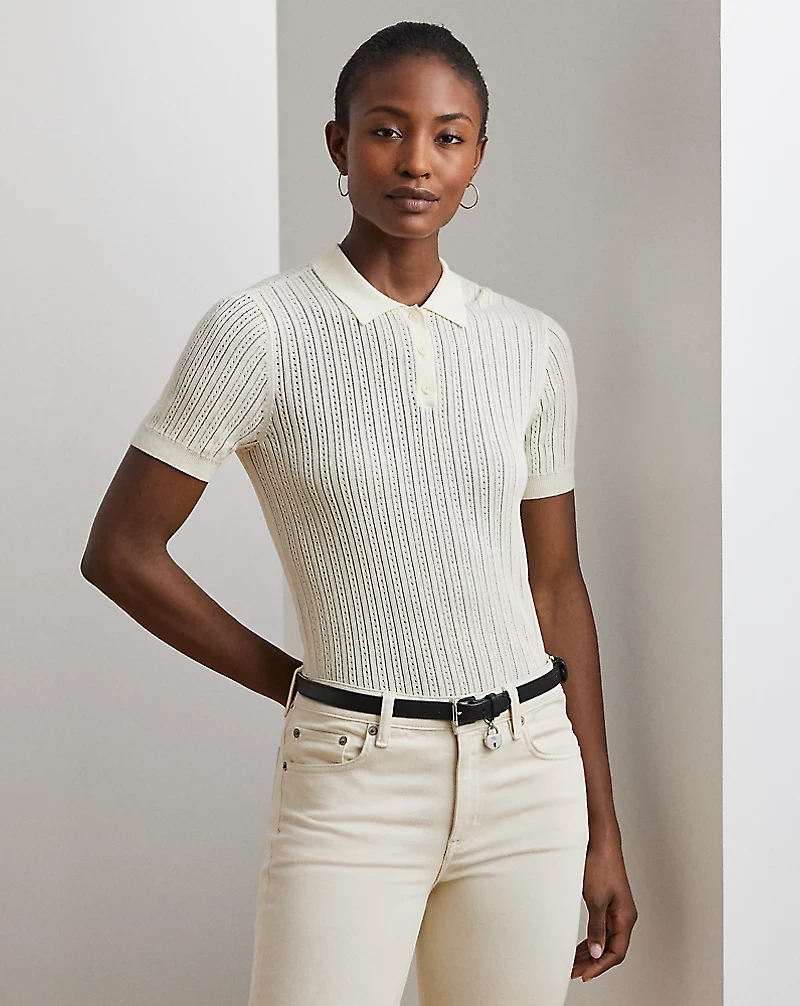 Pointelle-Knit Cotton-Blend Polo Sweater