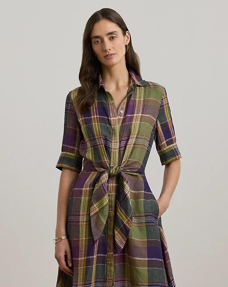 Plaid Tie-Front Linen Shirtdress