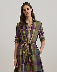 Plaid Tie-Front Linen Shirtdress