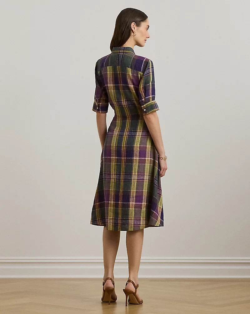 Plaid Tie-Front Linen Shirtdress