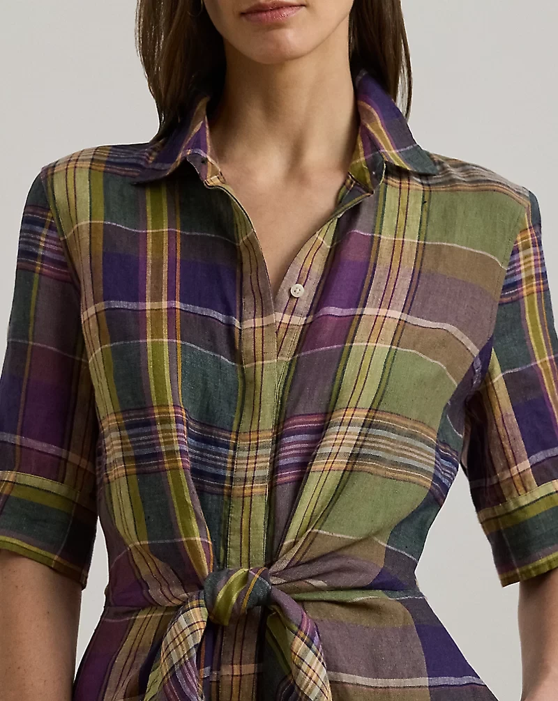 Plaid Tie-Front Linen Shirtdress